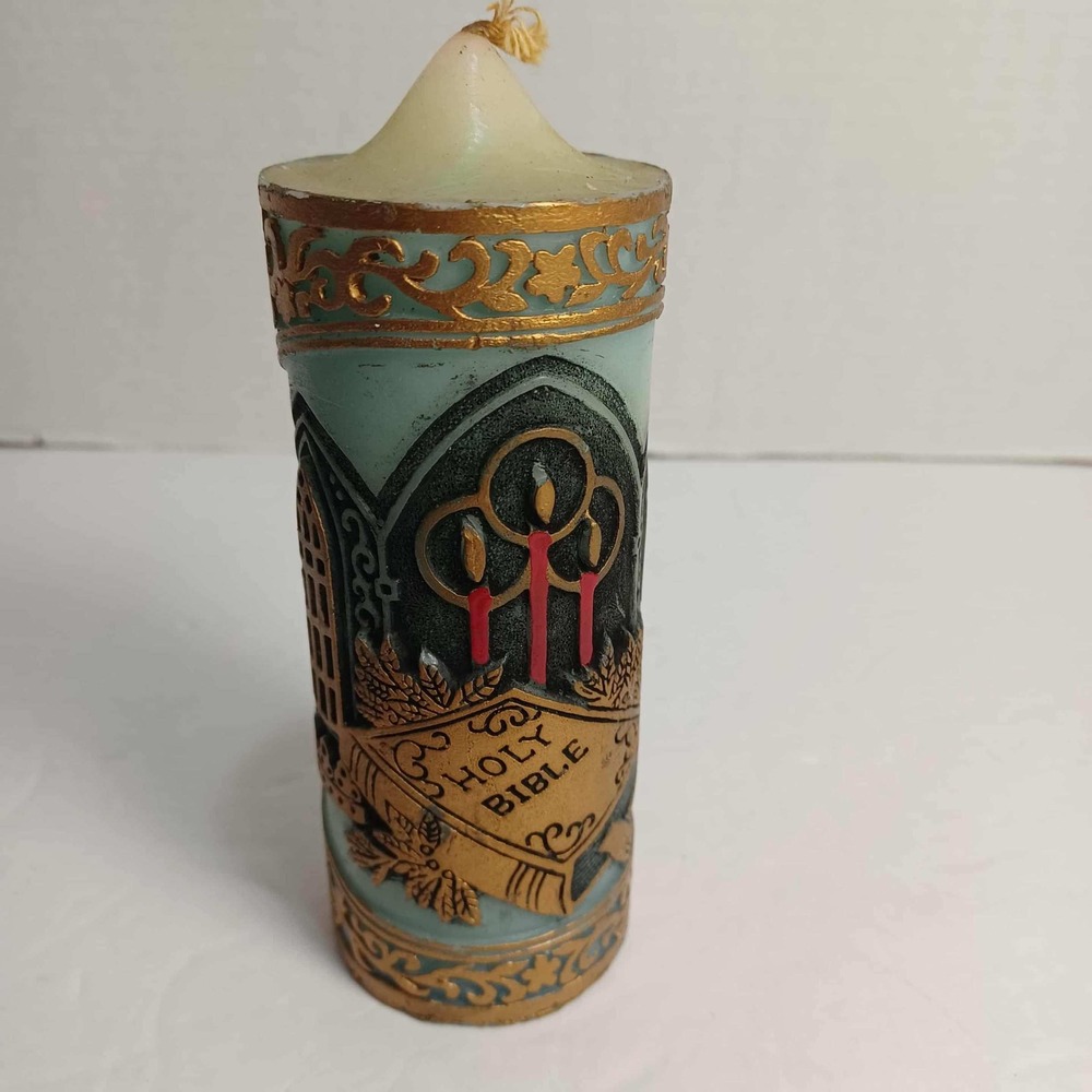 Vintage‎ Christmas Treasures Hand Decorated Candle Holy Bible Church 1978